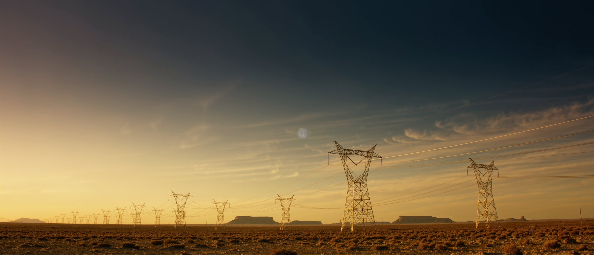 Transmission lines crossing open desert at golden hour