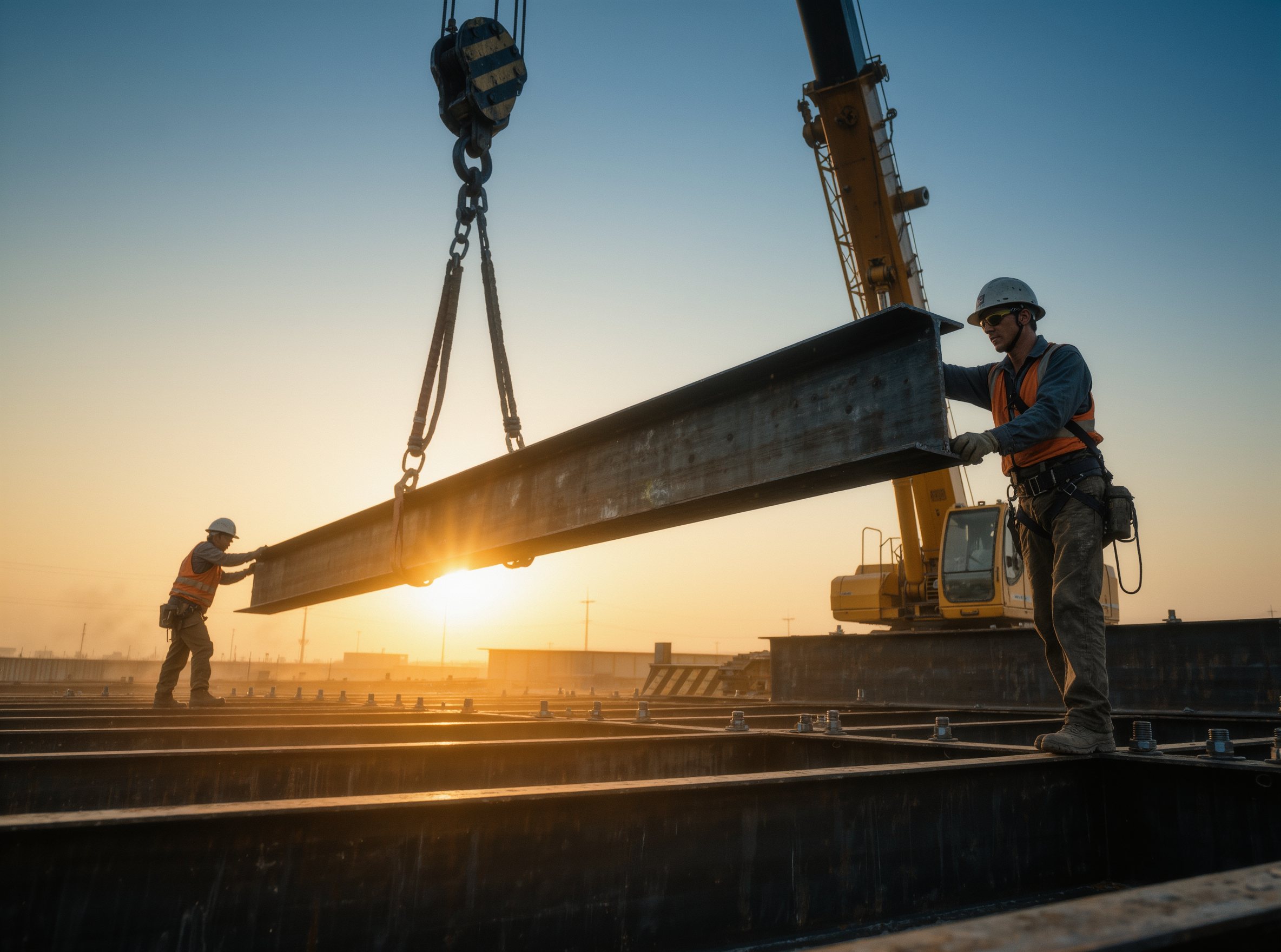 Ironworkers guiding a steel beam into place at golden hour